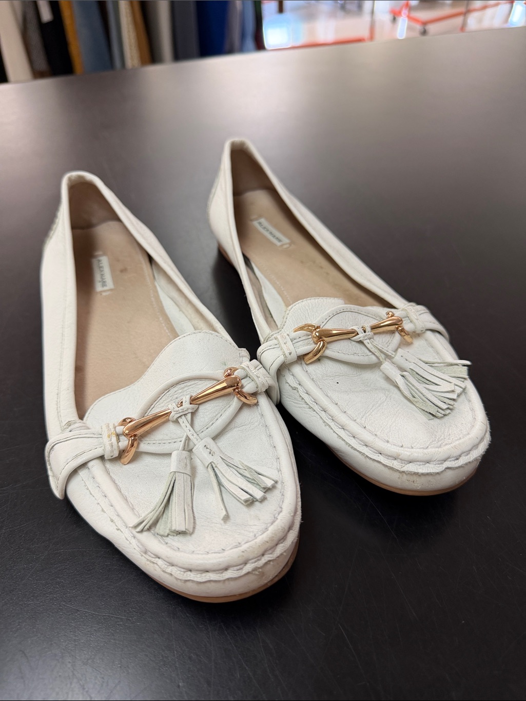 Alex Marie Cream Leather Tassel Loafers With Gold Hardware